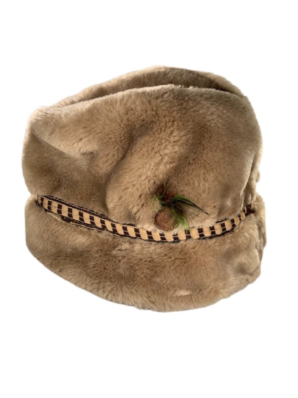 Vtg Stetson Faux Fur Fedora Winter Hat Russian Style Feather Banded Tan Brown - Picture 7 of 12